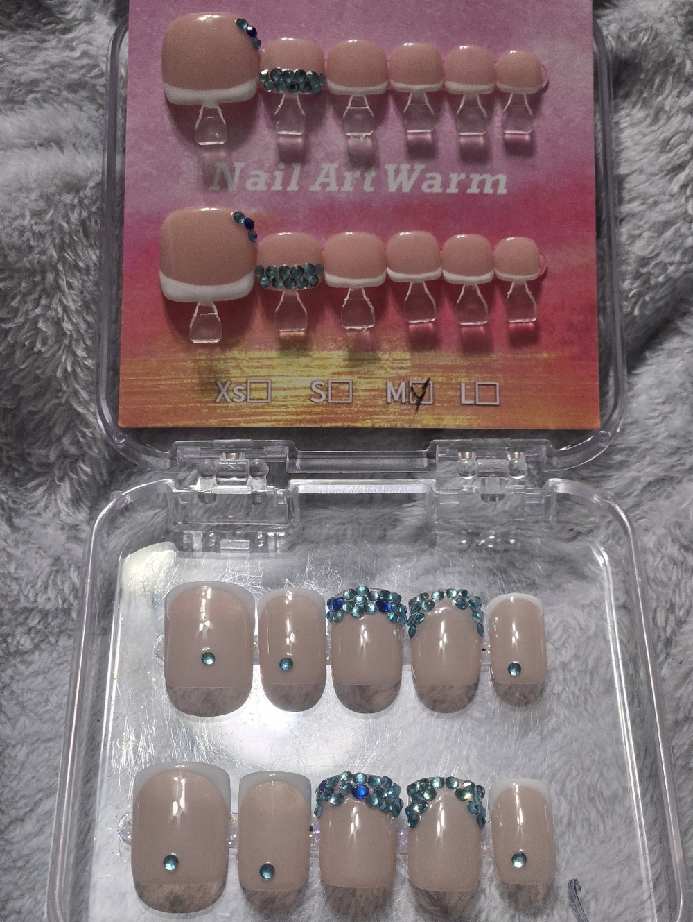 Press-On Toe Nails & Finger Nail Set with Teal Rhinestones